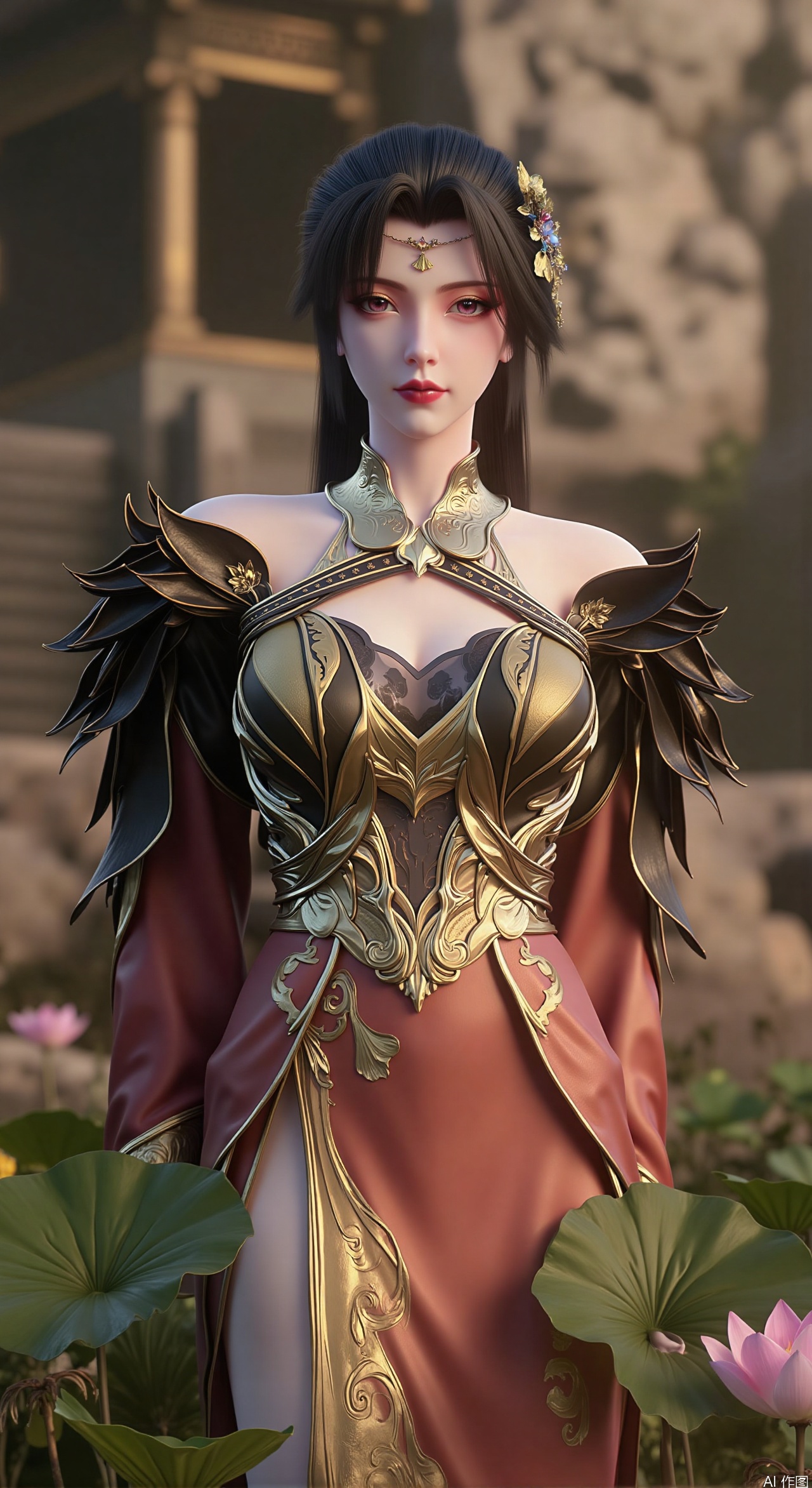  SFW,(masterpiece:1.2),best quality,3d anime style, cg,absurdres,masterpiece,original,extremely detailed wallpaper,perfect lighting,official art, (1girl), (solo), ((looking_at_viewer)),(huge breasts:2.99),(full breasts:2.99),long dress,(Forbidden City, osmanthus, lotus pond, lotus:1.3),