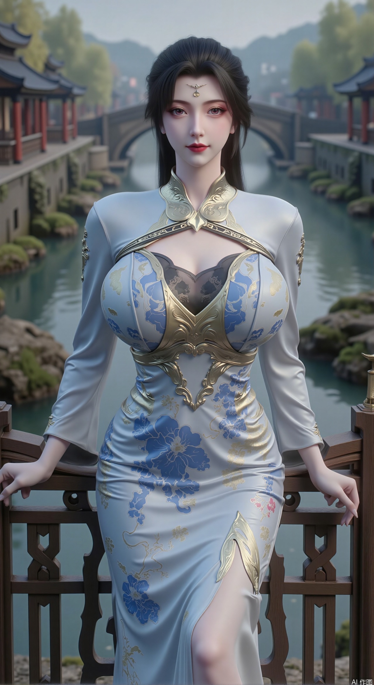  SFW,(masterpiece:1.2),best quality,absurdres,masterpiece,original,extremely detailed wallpaper,perfect lighting,Ancient water town with Ancient Chinese wooden arch bridge  over rippling canals, model in figure-hugging cyan-and-white porcelain-patterned qipao leaning against moss-covered bridge railing, morning mist hovering over water reflecting willow trees and classical architecture, intricate embroidery details on silk fabric, shallow depth of field highlighting model's sensual pose, soft daylight illuminating porcelain-like skin texture, traditional Chinese painting color palette with indigo and jade tones,(huge breasts:2.99),(full breasts:2.99),Xzhihua,Xsiyouyou,Xyanruyu,Xmoxiaonan,Xyeqingxian