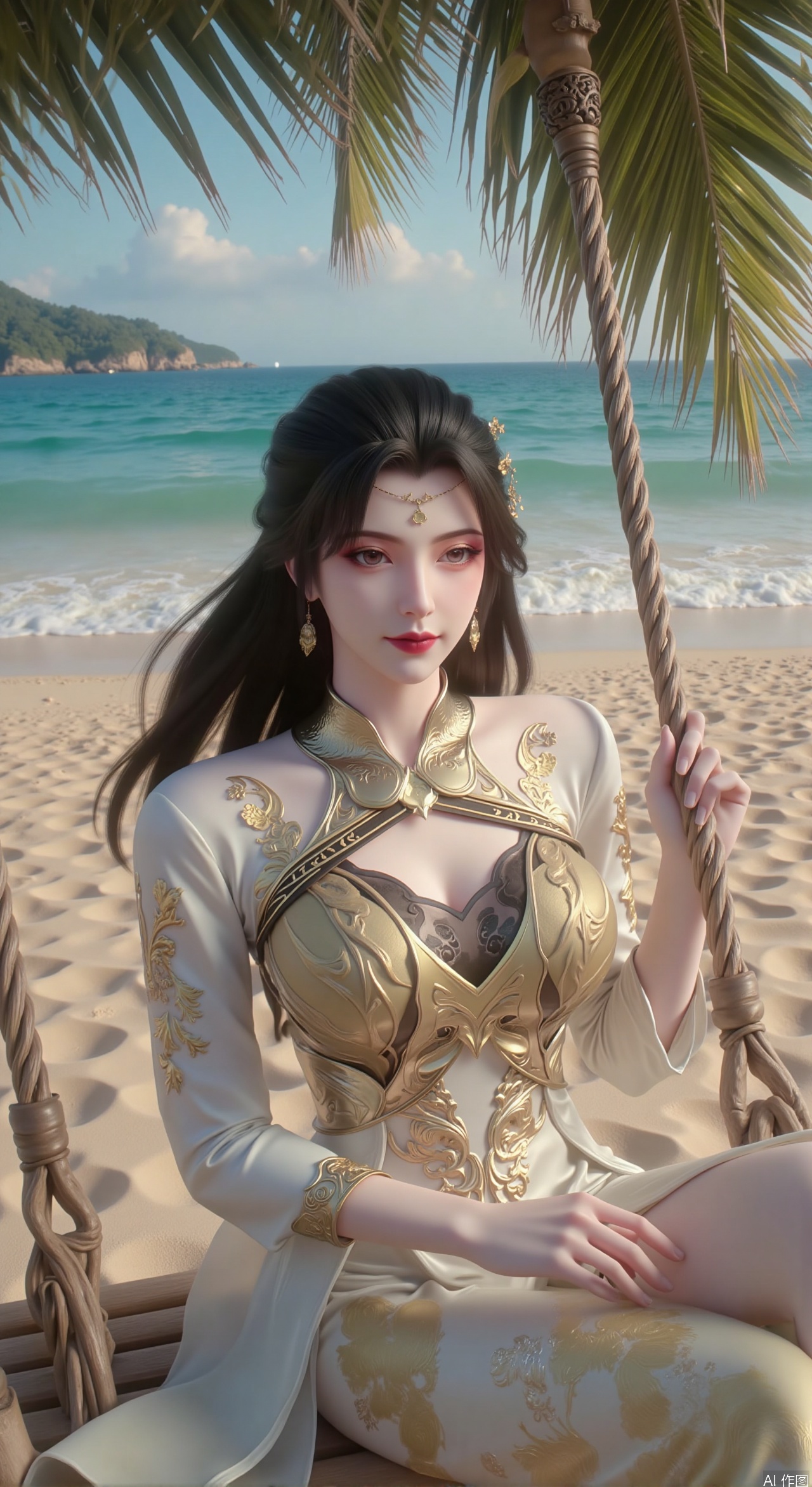  SFW,(masterpiece:1.2),best quality,absurdres,masterpiece,original,extremely detailed wallpaper,perfect lighting,Golden sandy beach covered with vibrant flowers, turquoise waves gently lapping the shore, elegant woman in embroidered qipao swinging on a wooden swing under coconut trees, bright flower clusters spreading from sand to palm tree roots, soft natural light filtering through coconut leaves, ocean breeze lifting hair and qipao hem, high-resolution details showcasing petal textures and silk fabric sheen, ultra-wide angle lens capturing coastline panorama, cinematic color grading with soft focus on the central figure,(huge breasts:2.99),(full breasts:2.99),Xzhihua,Xsiyouyou,Xyanruyu,Xmoxiaonan,Xyeqingxian