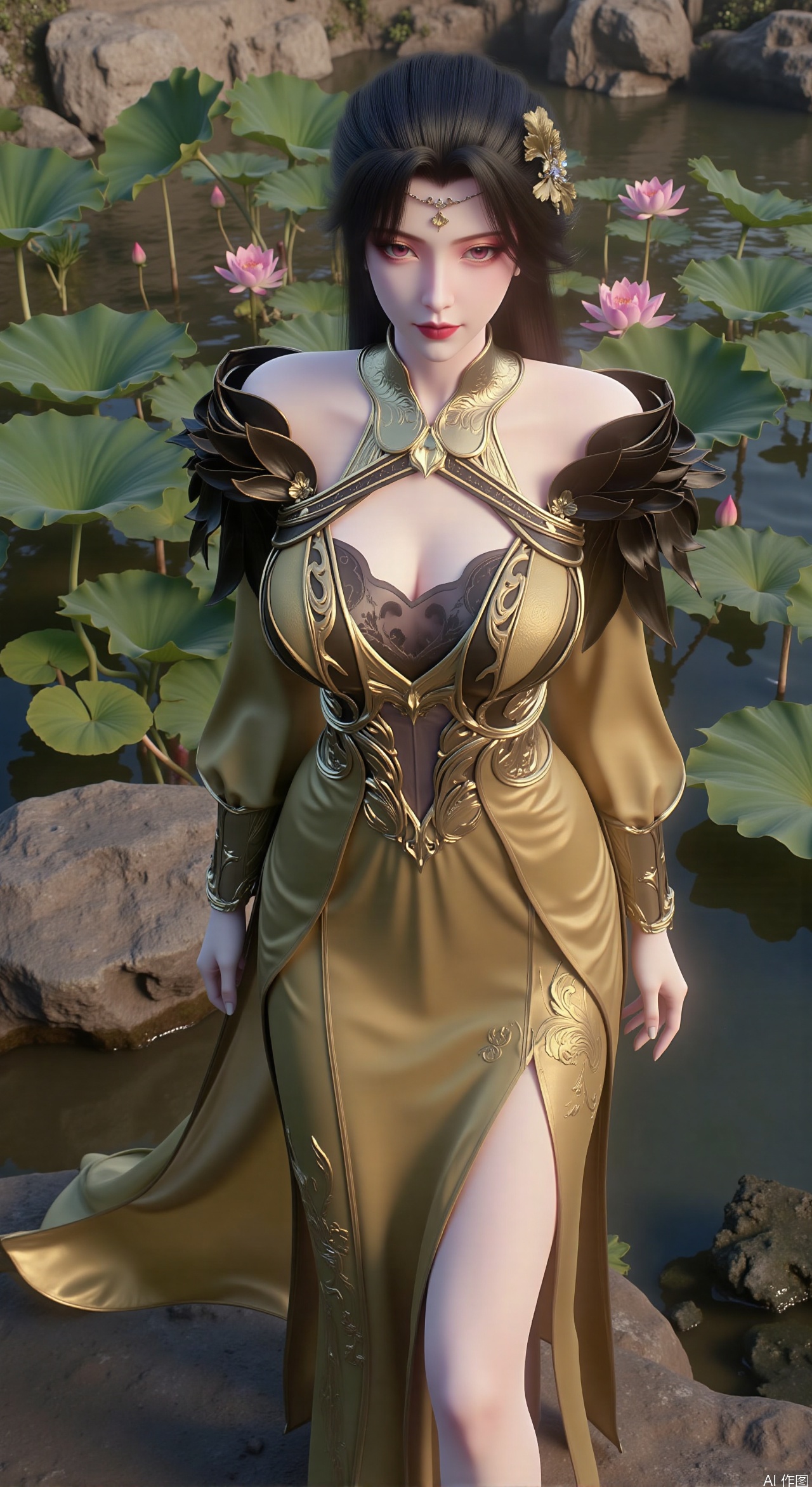  SFW,(masterpiece:1.2),best quality,3d anime style, cg,absurdres,masterpiece,original,extremely detailed wallpaper,perfect lighting,official art, (1girl), (solo), ((looking_at_viewer)),(huge breasts:2.99),(full breasts:2.99),long dress,(Forbidden City, osmanthus, lotus pond, lotus:1.3),