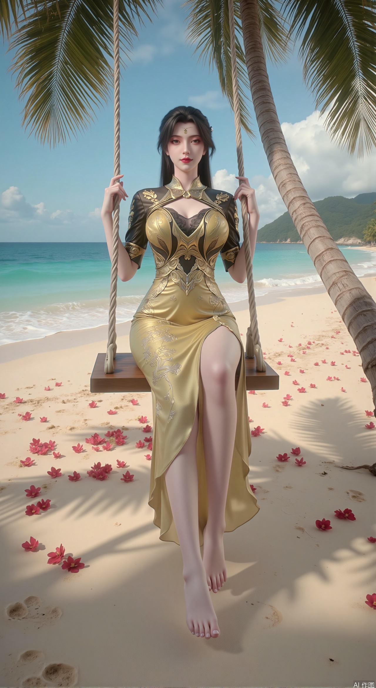  SFW,(masterpiece:1.2),best quality,absurdres,masterpiece,original,extremely detailed wallpaper,perfect lighting,Golden sandy beach covered with vibrant flowers, turquoise waves gently lapping the shore, elegant woman in embroidered qipao swinging on a wooden swing under coconut trees, bright flower clusters spreading from sand to palm tree roots, soft natural light filtering through coconut leaves, ocean breeze lifting hair and qipao hem, high-resolution details showcasing petal textures and silk fabric sheen, ultra-wide angle lens capturing coastline panorama, cinematic color grading with soft focus on the central figure,(huge breasts:2.99),(full breasts:2.99),Xzhihua,Xsiyouyou,Xyanruyu,Xmoxiaonan,Xyeqingxian
