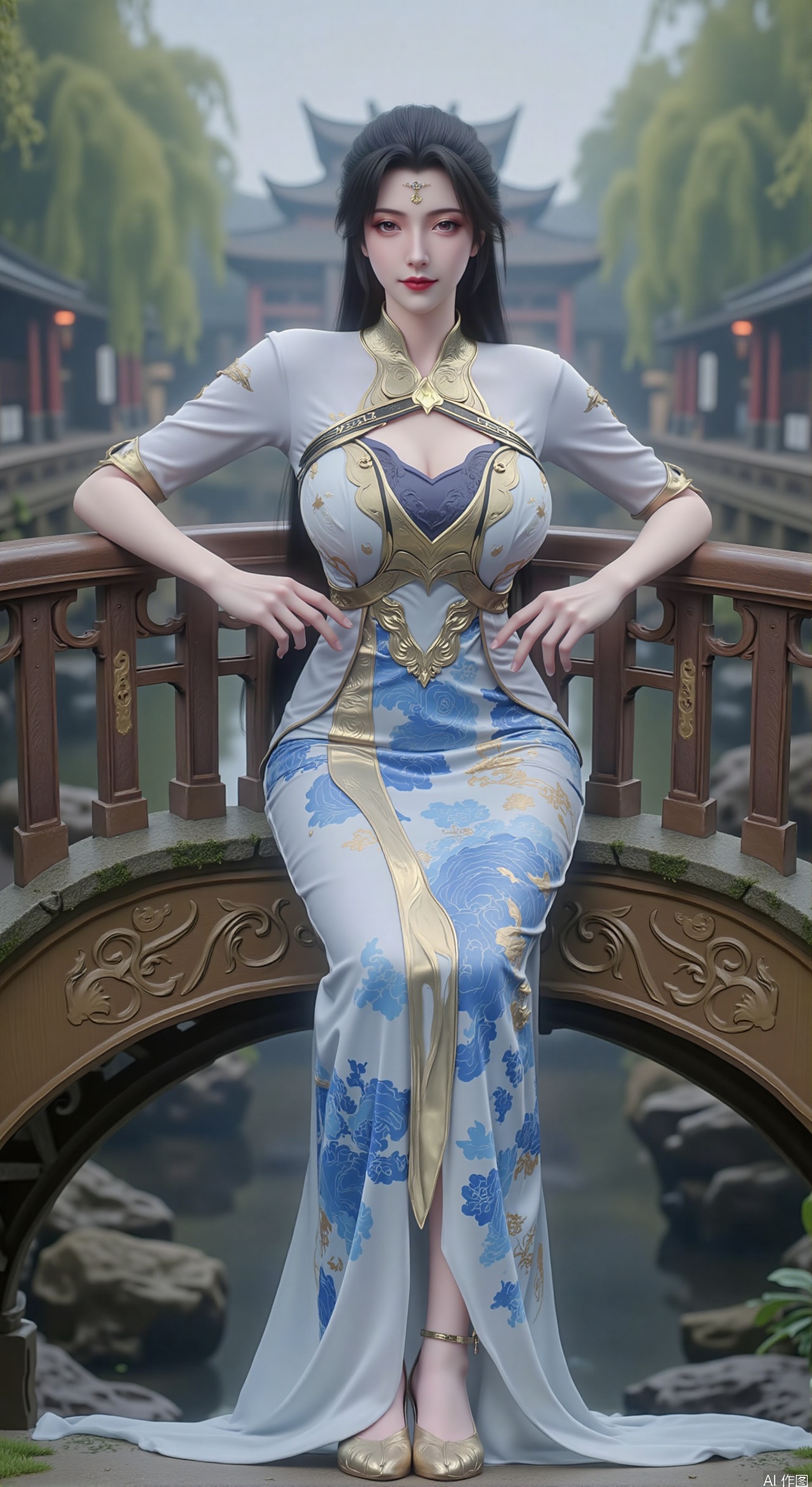  SFW,(masterpiece:1.2),best quality,absurdres,masterpiece,original,extremely detailed wallpaper,perfect lighting,Ancient water town with Ancient Chinese wooden arch bridge  over rippling canals, model in figure-hugging cyan-and-white porcelain-patterned qipao leaning against moss-covered bridge railing, morning mist hovering over water reflecting willow trees and classical architecture, intricate embroidery details on silk fabric, shallow depth of field highlighting model's sensual pose, soft daylight illuminating porcelain-like skin texture, traditional Chinese painting color palette with indigo and jade tones,(huge breasts:2.99),(full breasts:2.99),Xzhihua,Xsiyouyou,Xyanruyu,Xmoxiaonan,Xyeqingxian