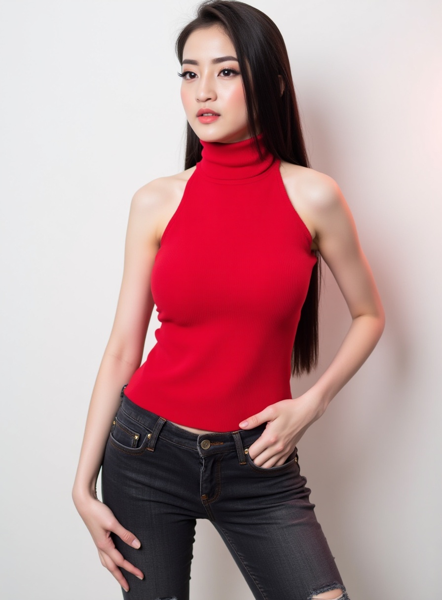 photorealistic portrait of MamingKo,  a ravishing young woman poised in a photoshoot studio,  her elegance captured in a p...