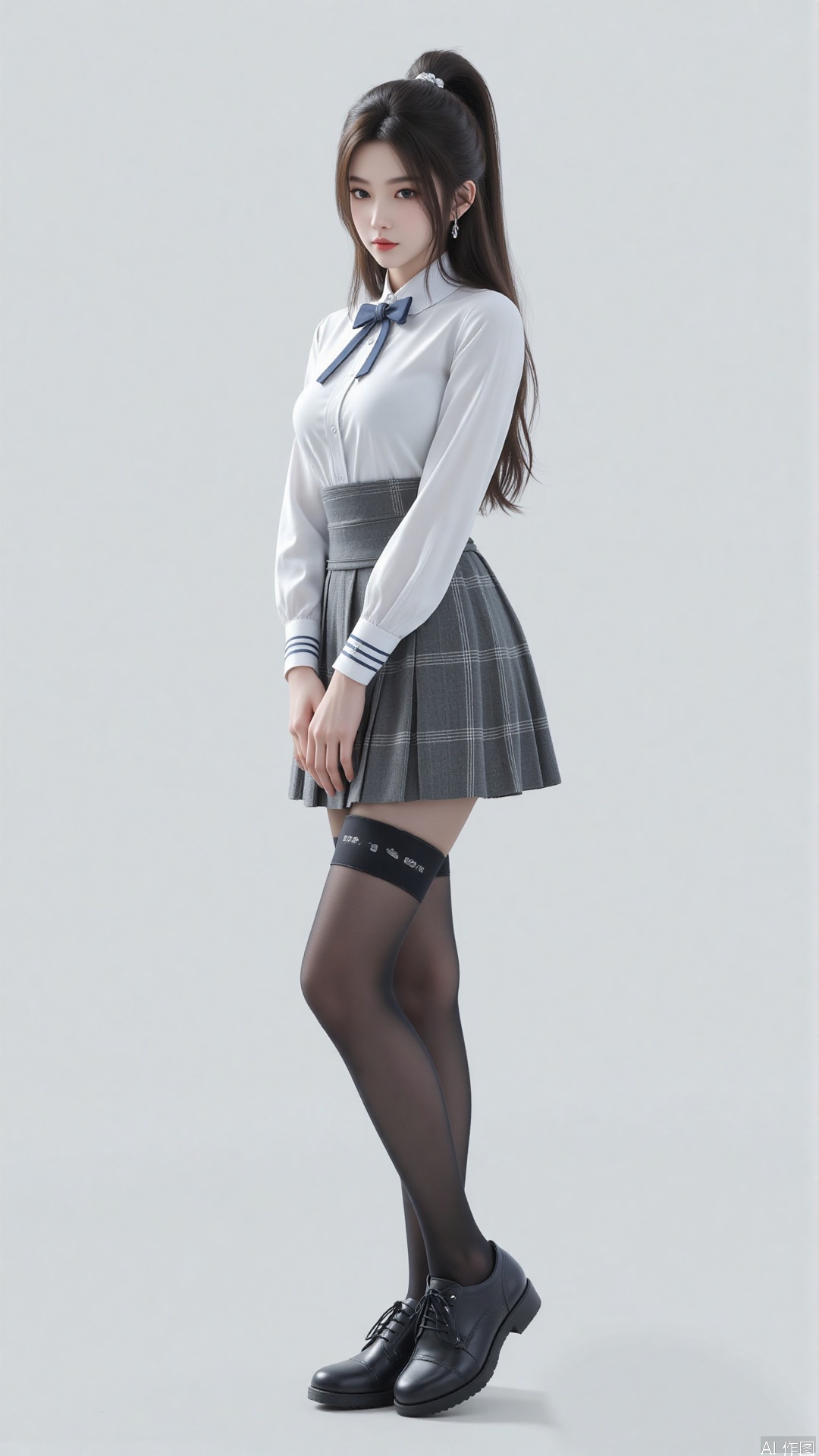 1girl, solo, long hair, breasts, looking at viewer, bangs, skirt, shirt, long sleeves, bow, medium breasts, closed mouth, school uniform, standing, full body, white shirt, hair bow, pantyhose, pleated skirt, shoes, striped, collared shirt, bowtie, grey background, black footwear, lips, plaid, black pantyhose, dress shirt, plaid skirt, grey skirt, thighband pantyhose, shirt tucked in