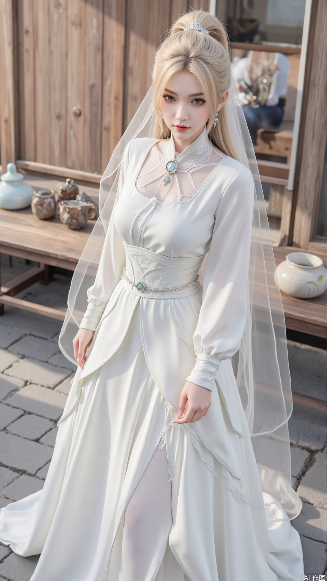 1girl, white wedding dress,looking at viewer, mischevious smile, perfect body, scenery, sharp focus, best quality, masterpiece, detailed outfit, illustration, perfect eyes, finely detailed beautiful anime eyes, realistic skin, intricate details, best lighting, depth of field, ultra high resolution, cowboy_shot, bride