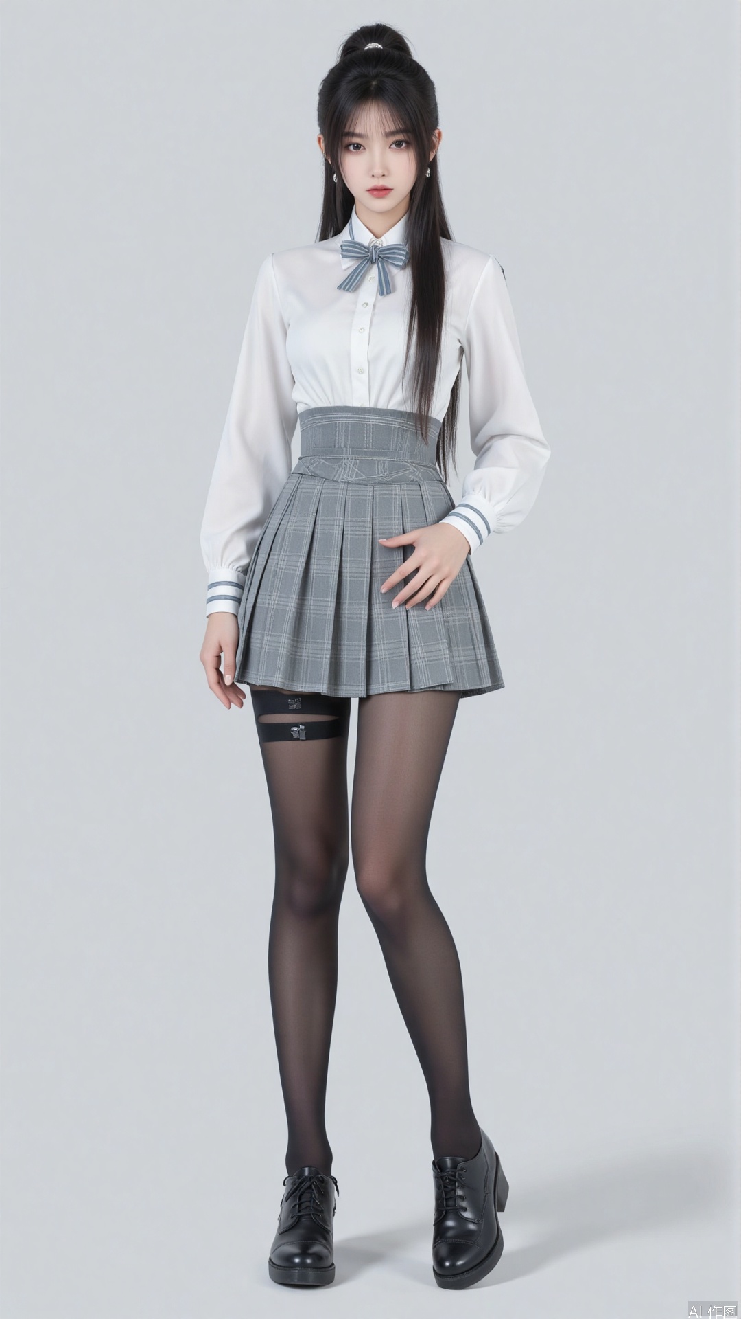 1girl, solo, long hair, breasts, looking at viewer, bangs, skirt, shirt, long sleeves, bow, medium breasts, closed mouth, school uniform, standing, full body, white shirt, hair bow, pantyhose, pleated skirt, shoes, striped, collared shirt, bowtie, grey background, black footwear, lips, plaid, black pantyhose, dress shirt, plaid skirt, grey skirt, thighband pantyhose, shirt tucked in