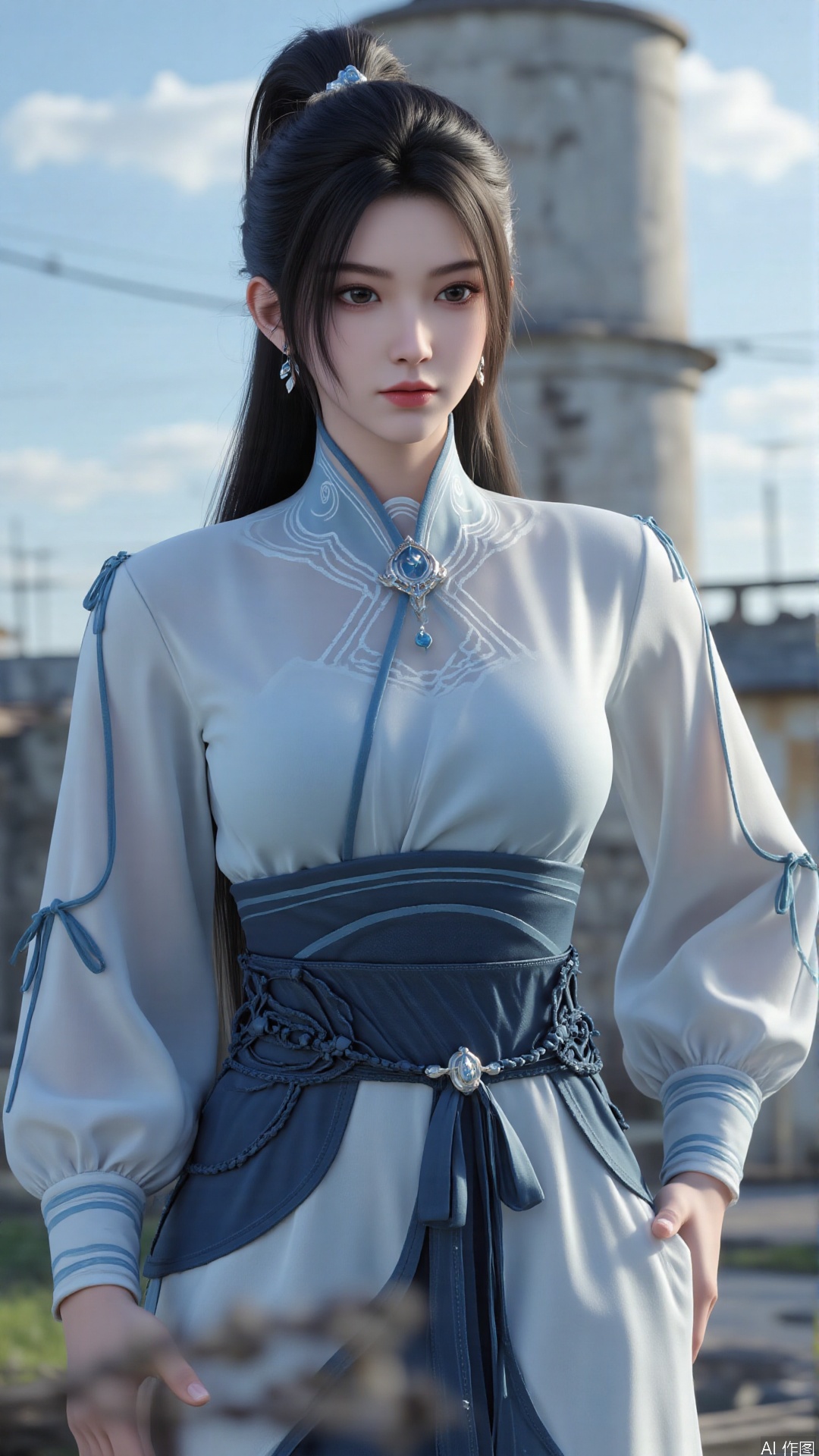 1girl, long hair, solo, earrings, dress, jewelry, ponytail, blue dress, chinese clothes, long sleeves, looking at viewer, mischevious smile, perfect body, scenery, sharp focus, best quality, masterpiece, detailed outfit, illustration, perfect eyes, finely detailed beautiful anime eyes, realistic skin, intricate details, best lighting, depth of field, ultra high resolution,cowboy_shot