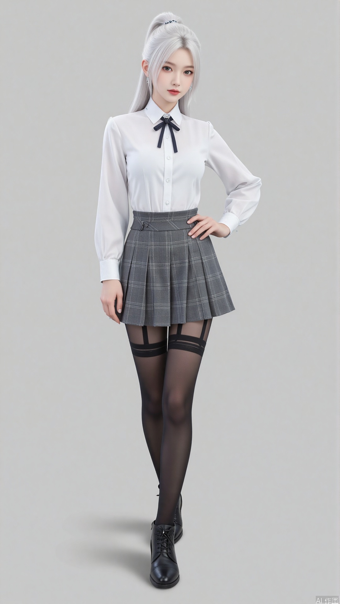 1girl, solo, long hair, breasts, looking at viewer, bangs, skirt, shirt, white hair, long sleeves, bow, medium breasts, closed mouth, school uniform, standing, full body, white shirt, hair bow, pantyhose, pleated skirt, shoes, striped, collared shirt, bowtie, grey background, black footwear, lips, plaid, black pantyhose, dress shirt, plaid skirt, grey skirt, thighband pantyhose, shirt tucked in