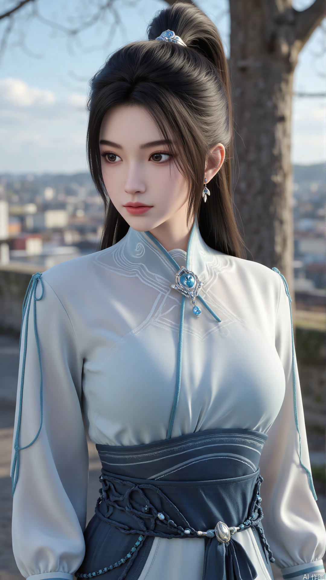 1girl, long hair, solo, earrings, dress, jewelry, ponytail, blue dress, chinese clothes, long sleeves, looking at viewer, mischevious smile, perfect body, scenery, sharp focus, best quality, masterpiece, detailed outfit, illustration, perfect eyes, finely detailed beautiful anime eyes, realistic skin, intricate details, best lighting, depth of field, ultra high resolution,cowboy_shot