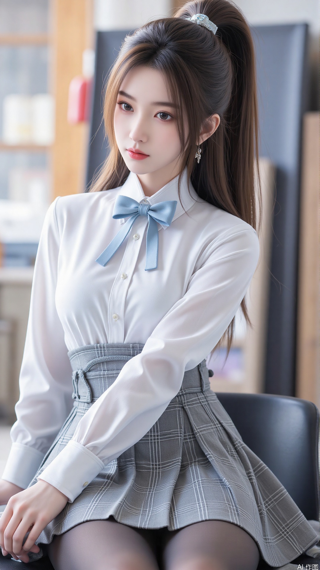 1girl, solo, long hair, breasts, looking at viewer, bangs, skirt, shirt, long sleeves, bow, medium breasts, closed mouth, school uniform, sitting, white shirt, hair bow, pantyhose, pleated skirt, striped, collared shirt, bowtie, lips, plaid, black pantyhose, dress shirt, blue bow, plaid skirt, grey skirt, thighband pantyhose, red lips, shirt tucked in,