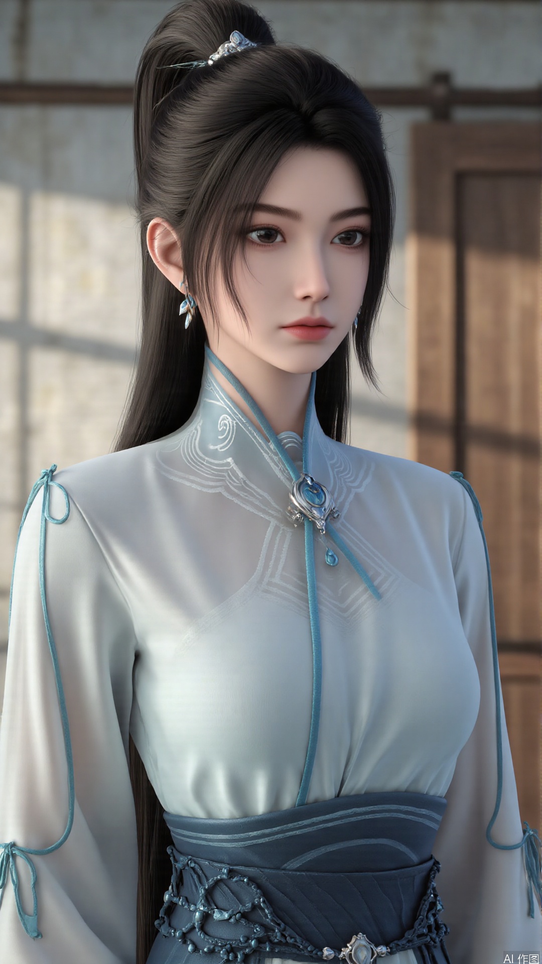 1girl, long hair, solo, earrings, dress, jewelry, ponytail, blue dress, chinese clothes, long sleeves, looking at viewer, mischevious smile, perfect body, scenery, sharp focus, best quality, masterpiece, detailed outfit, illustration, perfect eyes, finely detailed beautiful anime eyes, realistic skin, intricate details, best lighting, depth of field, ultra high resolution,cowboy_shot
