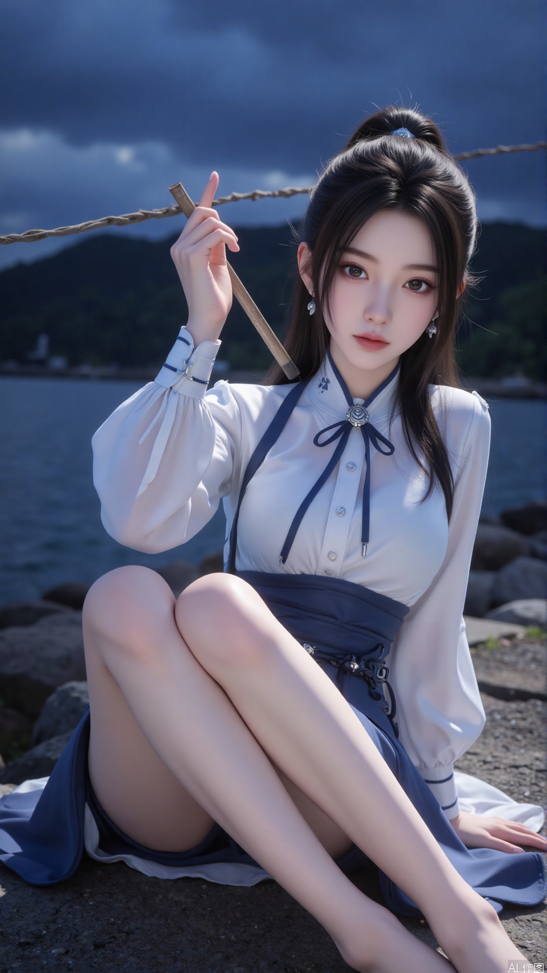 1girl, night dress,looking at viewer, mischevious smile, perfect body, scenery, sharp focus, best quality, masterpiece, detailed outfit, illustration, perfect eyes, finely detailed beautiful anime eyes, realistic skin, intricate details, best lighting, depth of field, ultra high resolution,sitting, full_body,bare legs,crossed legs