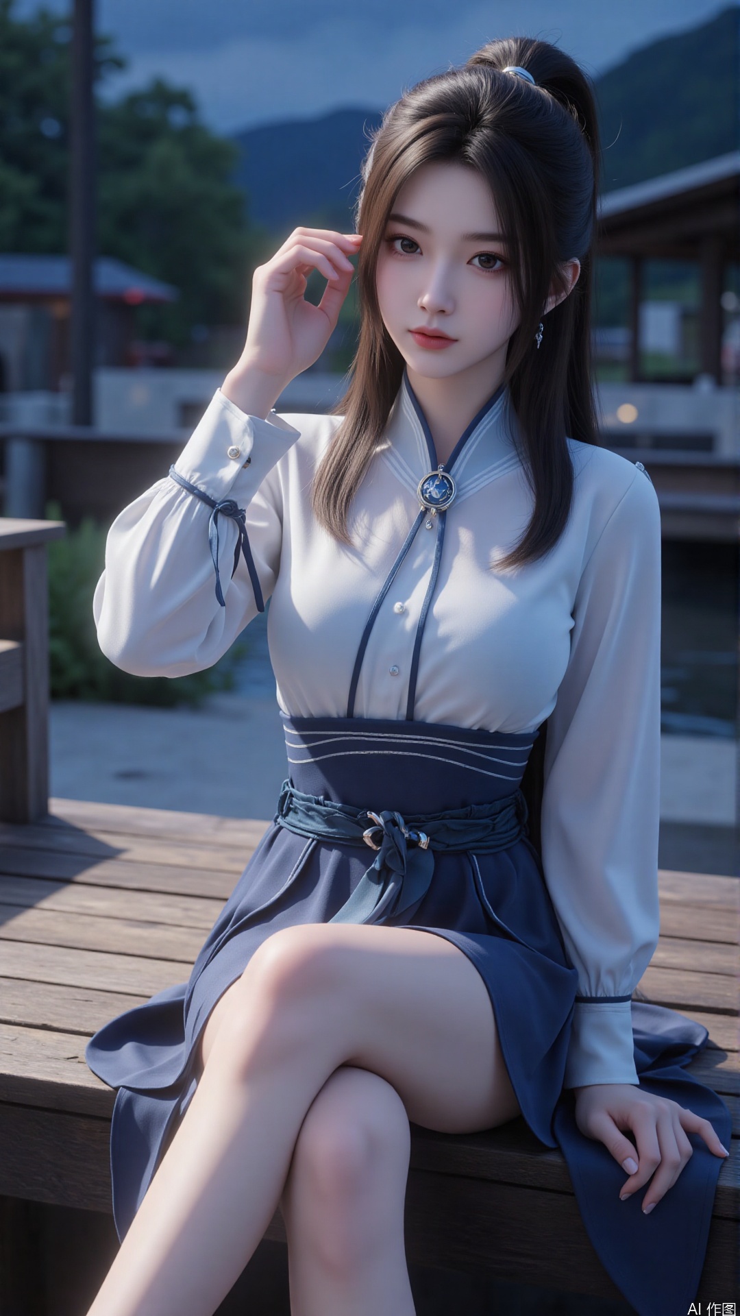 1girl, night dress,looking at viewer, mischevious smile, perfect body, scenery, sharp focus, best quality, masterpiece, detailed outfit, illustration, perfect eyes, finely detailed beautiful anime eyes, realistic skin, intricate details, best lighting, depth of field, ultra high resolution,sitting, full_body,bare legs,crossed legs