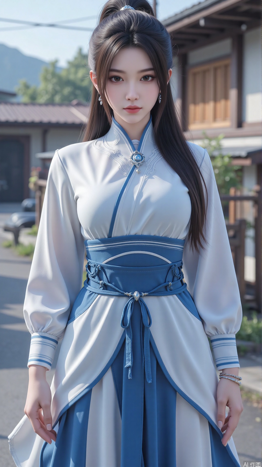 1girl, long hair, solo, earrings, dress, jewelry, ponytail, blue dress, chinese clothes, long sleeves, looking at viewer, mischevious smile, perfect body, scenery, sharp focus, best quality, masterpiece, detailed outfit, illustration, perfect eyes, finely detailed beautiful anime eyes, realistic skin, intricate details, best lighting, depth of field, ultra high resolution,cowboy_shot