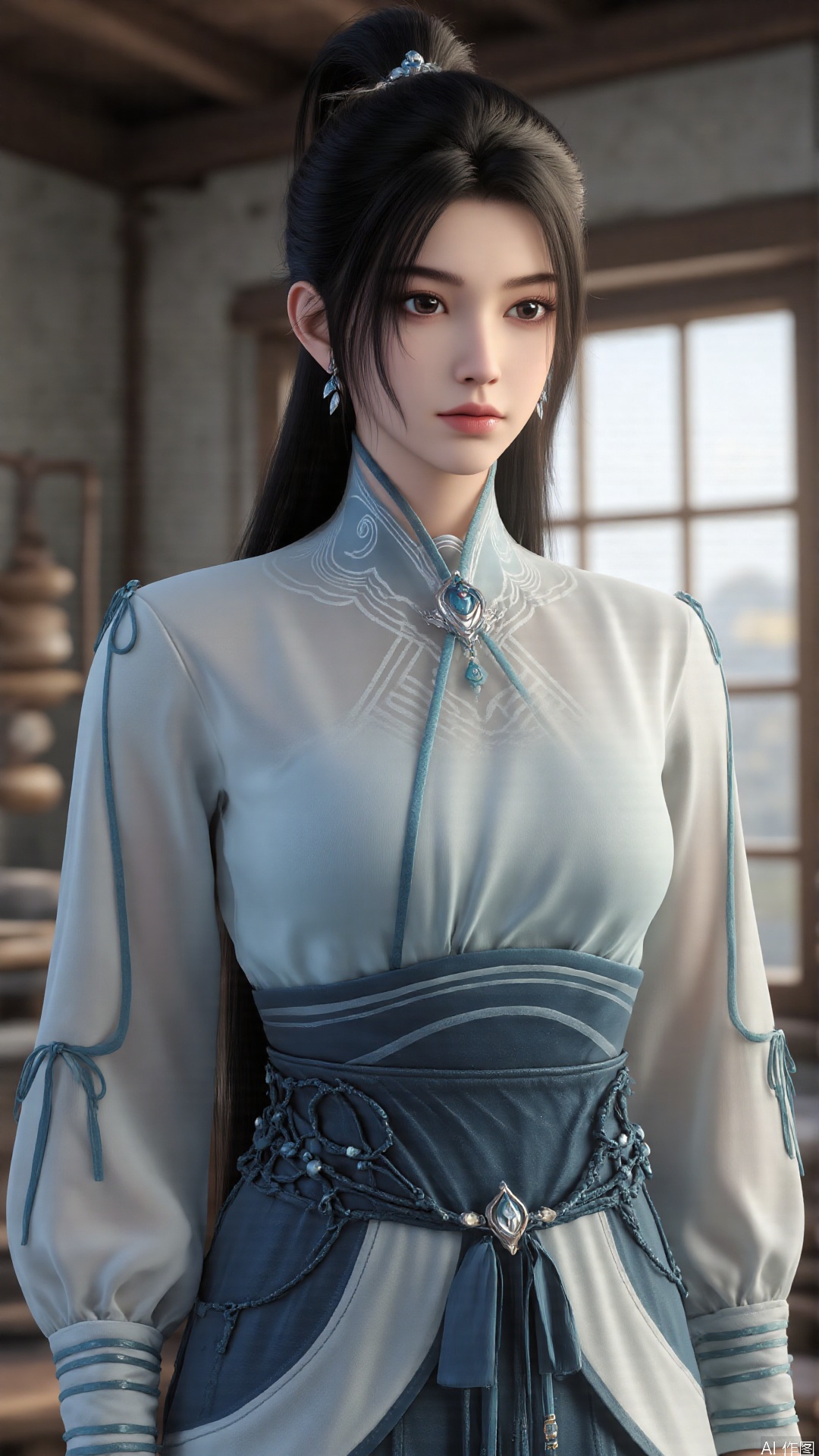 1girl, long hair, solo, earrings, dress, jewelry, ponytail, blue dress, chinese clothes, long sleeves, looking at viewer, mischevious smile, perfect body, scenery, sharp focus, best quality, masterpiece, detailed outfit, illustration, perfect eyes, finely detailed beautiful anime eyes, realistic skin, intricate details, best lighting, depth of field, ultra high resolution,cowboy_shot
