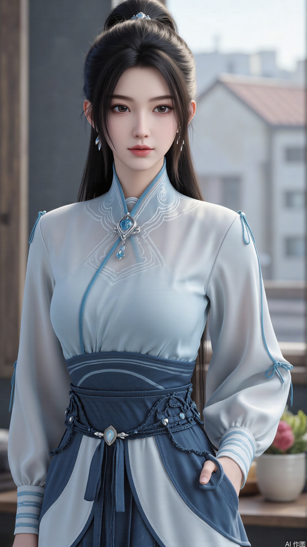 1girl, long hair, solo, earrings, dress, jewelry, ponytail, blue dress, chinese clothes, long sleeves, looking at viewer, mischevious smile, perfect body, scenery, sharp focus, best quality, masterpiece, detailed outfit, illustration, perfect eyes, finely detailed beautiful anime eyes, realistic skin, intricate details, best lighting, depth of field, ultra high resolution,cowboy_shot