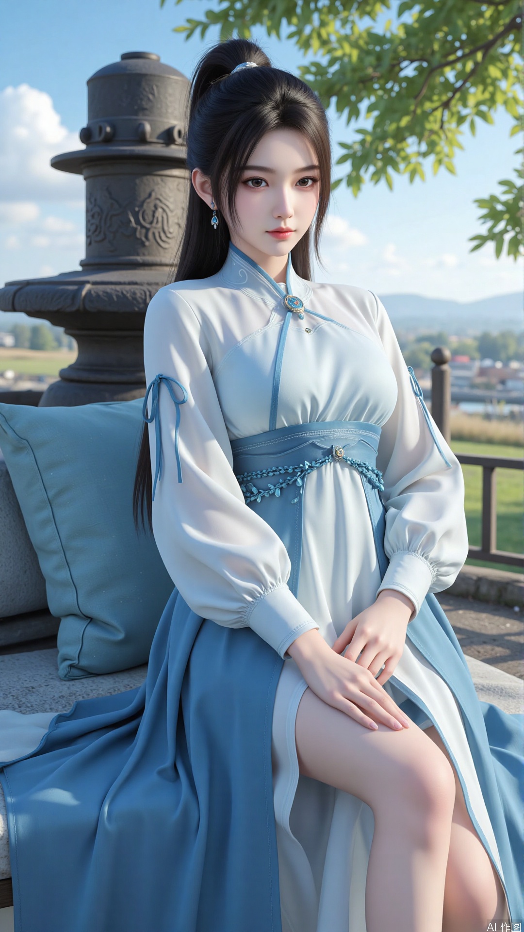 1girl, long hair, solo, earrings, dress, jewelry, ponytail, blue dress, chinese clothes, long sleeves, looking at viewer, mischevious smile, perfect body, scenery, sharp focus, best quality, masterpiece, detailed outfit, illustration, perfect eyes, finely detailed beautiful anime eyes, realistic skin, intricate details, best lighting, depth of field, ultra high resolution,cowboy_shot