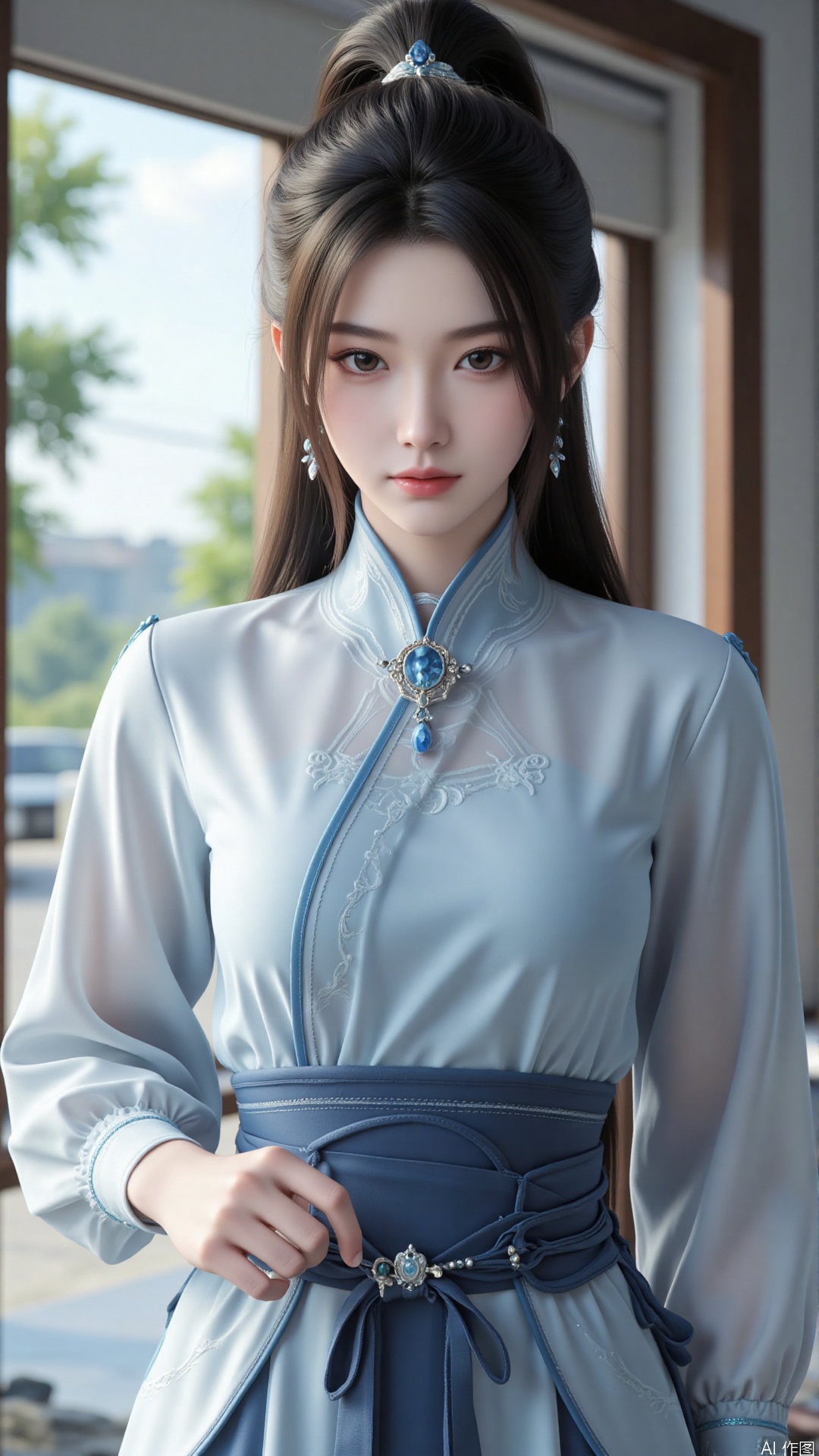 1girl, long hair, solo, earrings, dress, jewelry, ponytail, blue dress, chinese clothes, long sleeves, looking at viewer, mischevious smile, perfect body, scenery, sharp focus, best quality, masterpiece, detailed outfit, illustration, perfect eyes, finely detailed beautiful anime eyes, realistic skin, intricate details, best lighting, depth of field, ultra high resolution,cowboy_shot