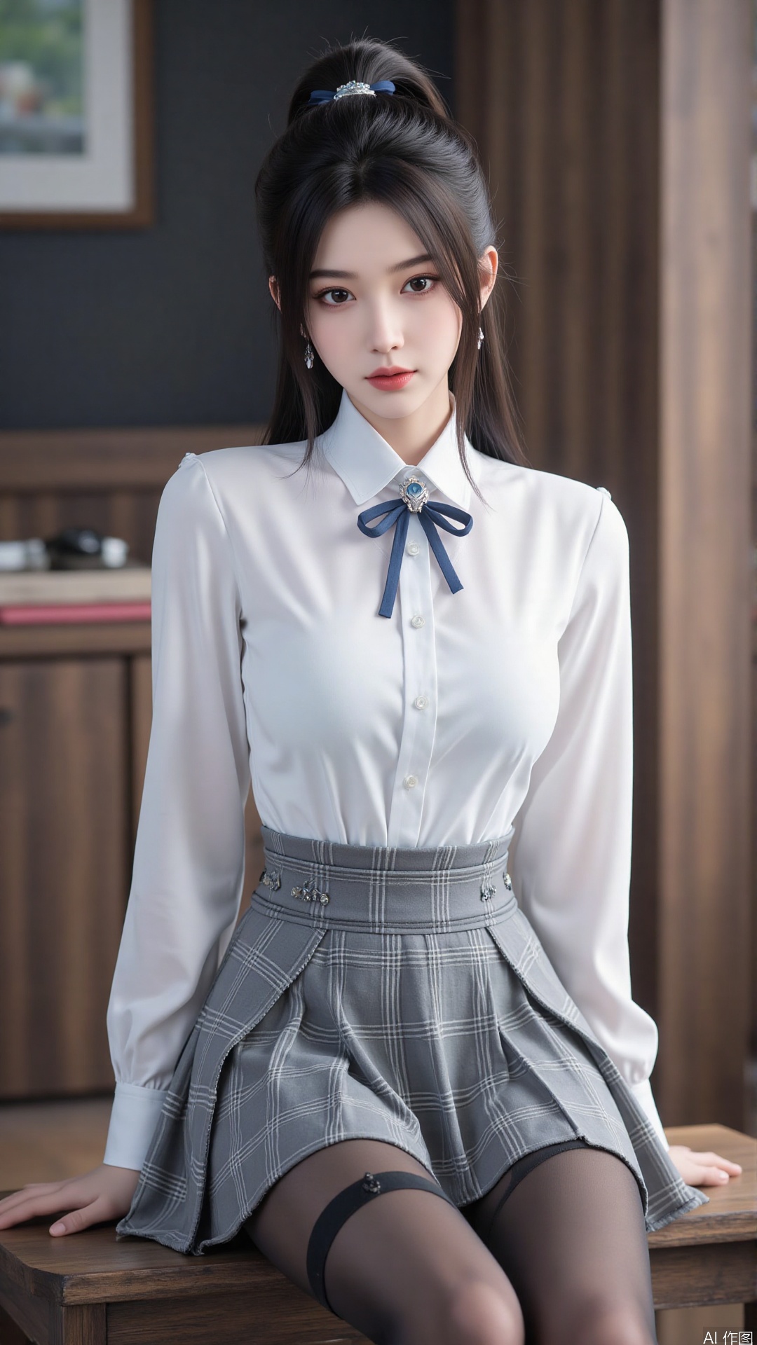 1girl, solo, long hair, breasts, looking at viewer, bangs, skirt, shirt, long sleeves, bow, medium breasts, closed mouth, school uniform, sitting, white shirt, hair bow, pantyhose, pleated skirt, striped, collared shirt, bowtie, lips, plaid, black pantyhose, dress shirt, blue bow, plaid skirt, grey skirt, thighband pantyhose, red lips, shirt tucked in,