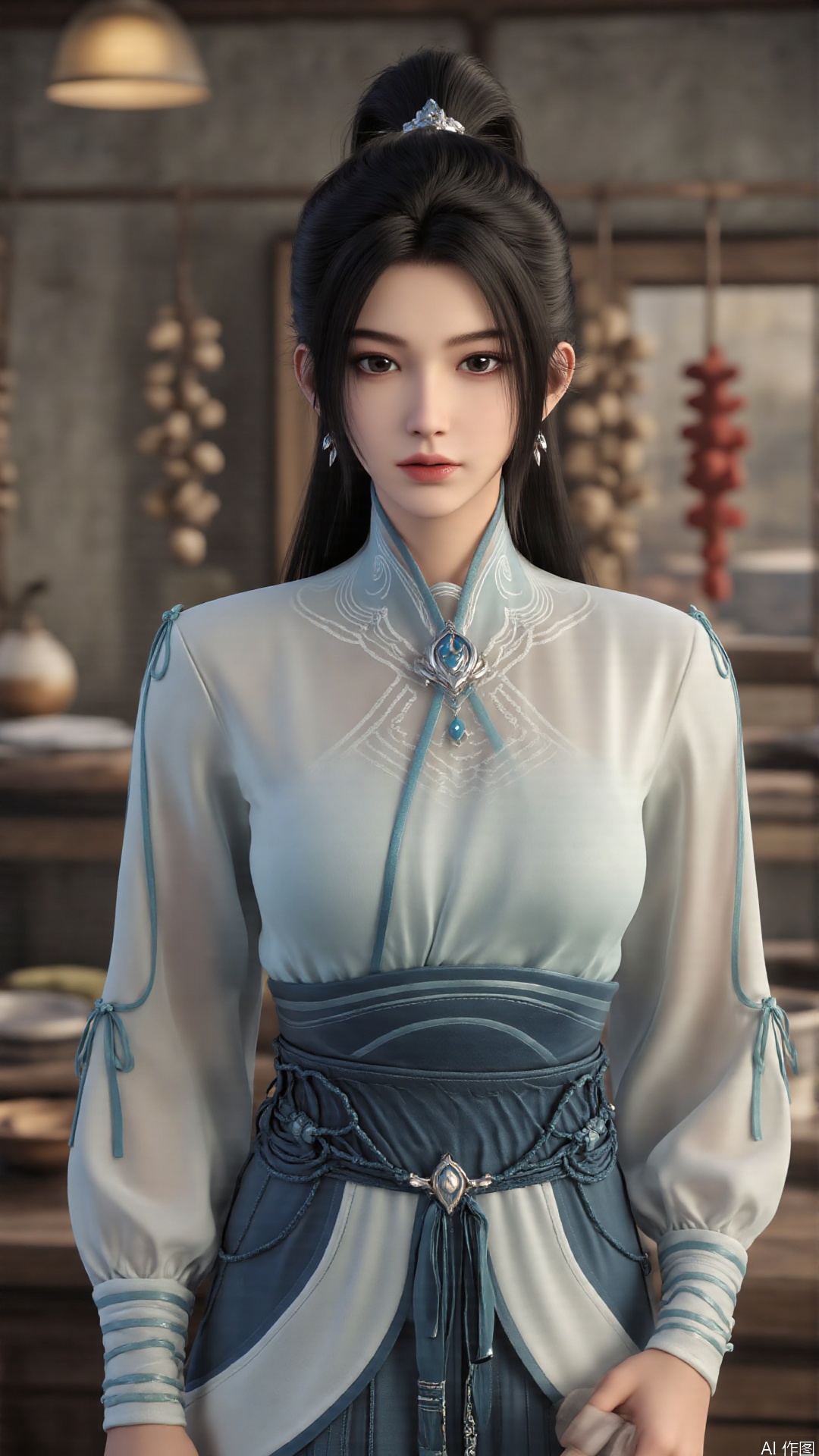 1girl, long hair, solo, earrings, dress, jewelry, ponytail, blue dress, chinese clothes, long sleeves, looking at viewer, mischevious smile, perfect body, scenery, sharp focus, best quality, masterpiece, detailed outfit, illustration, perfect eyes, finely detailed beautiful anime eyes, realistic skin, intricate details, best lighting, depth of field, ultra high resolution,cowboy_shot