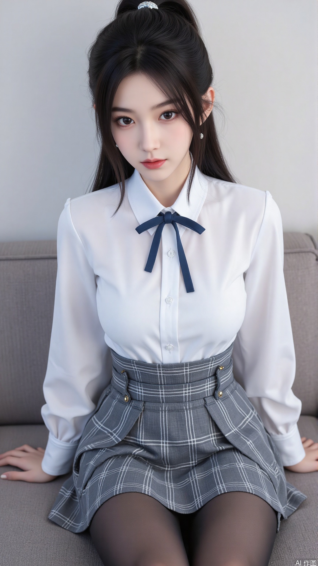 1girl, solo, long hair, breasts, looking at viewer, bangs, skirt, shirt, long sleeves, bow, medium breasts, closed mouth, school uniform, sitting, white shirt, hair bow, pantyhose, pleated skirt, striped, collared shirt, bowtie, lips, plaid, black pantyhose, dress shirt, blue bow, plaid skirt, grey skirt, thighband pantyhose, red lips, shirt tucked in,