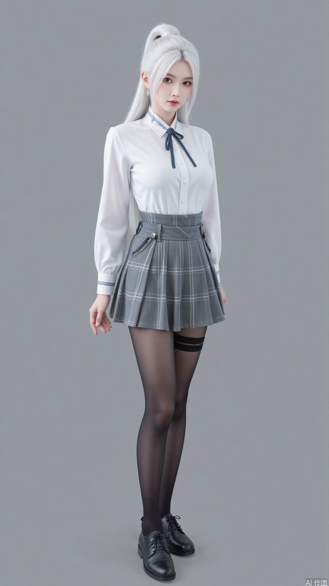 1girl, solo, long hair, breasts, looking at viewer, bangs, skirt, shirt, white hair, long sleeves, bow, medium breasts, closed mouth, school uniform, standing, full body, white shirt, hair bow, pantyhose, pleated skirt, shoes, striped, collared shirt, bowtie, grey background, black footwear, lips, plaid, black pantyhose, dress shirt, plaid skirt, grey skirt, thighband pantyhose, shirt tucked in