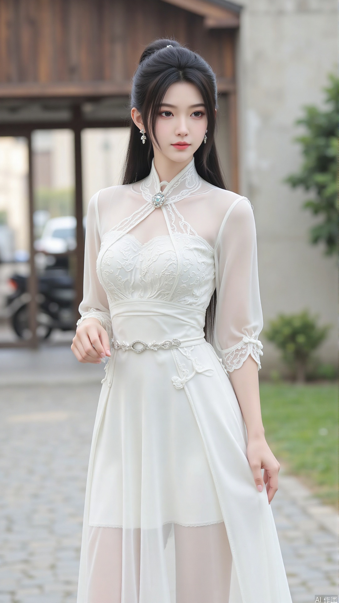 1girl, white wedding dress,looking at viewer, mischevious smile, perfect body, scenery, sharp focus, best quality, masterpiece, detailed outfit, illustration, perfect eyes, finely detailed beautiful anime eyes, realistic skin, intricate details, best lighting, depth of field, ultra high resolution, cowboy_shot, bride