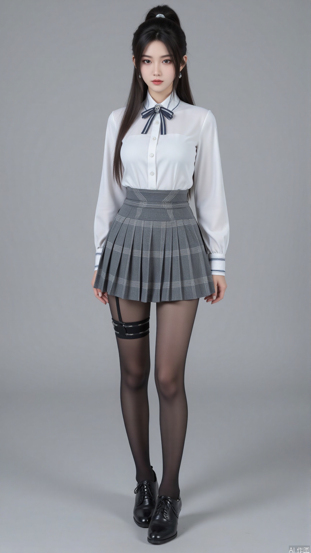 1girl, solo, long hair, breasts, looking at viewer, bangs, skirt, shirt, long sleeves, bow, medium breasts, closed mouth, school uniform, standing, full body, white shirt, hair bow, pantyhose, pleated skirt, shoes, striped, collared shirt, bowtie, grey background, black footwear, lips, plaid, black pantyhose, dress shirt, plaid skirt, grey skirt, thighband pantyhose, shirt tucked in