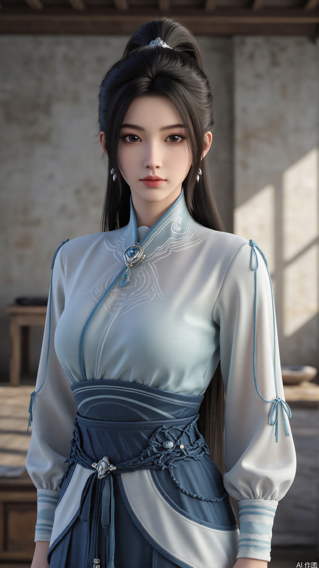 1girl, long hair, solo, earrings, dress, jewelry, ponytail, blue dress, chinese clothes, long sleeves, looking at viewer, mischevious smile, perfect body, scenery, sharp focus, best quality, masterpiece, detailed outfit, illustration, perfect eyes, finely detailed beautiful anime eyes, realistic skin, intricate details, best lighting, depth of field, ultra high resolution,cowboy_shot
