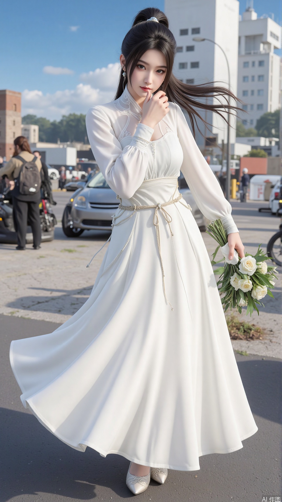 1girl, white wedding dress,looking at viewer, mischevious smile, perfect body, scenery, sharp focus, best quality, masterpiece, detailed outfit, illustration, perfect eyes, finely detailed beautiful anime eyes, realistic skin, intricate details, best lighting, depth of field, ultra high resolution, cowboy_shot, bride