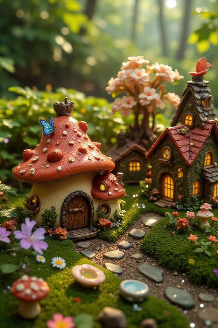 A mushroom-shaped fairy house,  a whimsical miniature village,  lush vegetation on Tensor.Art