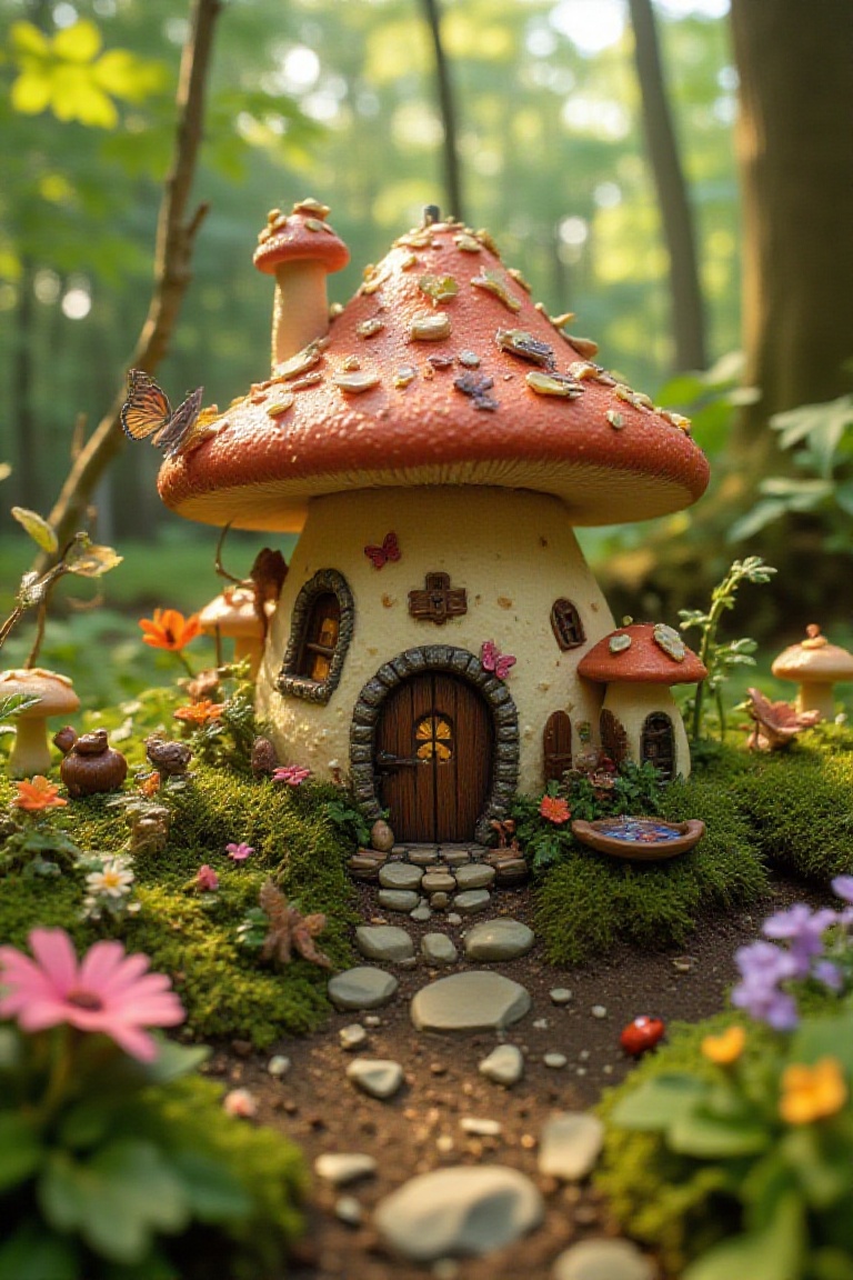 A mushroom-shaped fairy house,  a whimsical miniature village,  lush vegetation on Tensor.Art