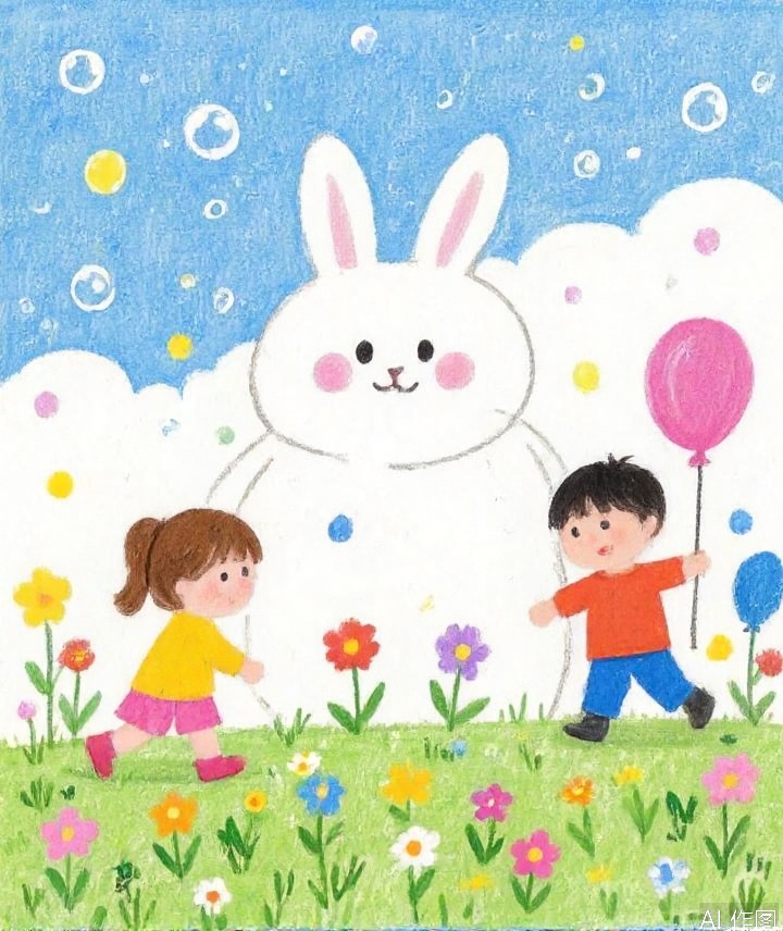 labihua
The image is an illustration of three children playing in a field of flowers
The background is a light blue sky with white clouds and colorful bubbles scattered around
In the center of the image, there is a large white bunny with a big smile on its face
The bunny is standing on its hind legs and is holding a pink balloon
On the left side of the bunny, there are two young girls, one wearing a yellow dress and the other wearing a pink dress
The girl in the yellow dress is running towards the bunny with her arms outstretched, while the boy in the red dress is holding the balloon
All three children are smiling and appear to be having fun
The field is filled with colorful flowers and plants.