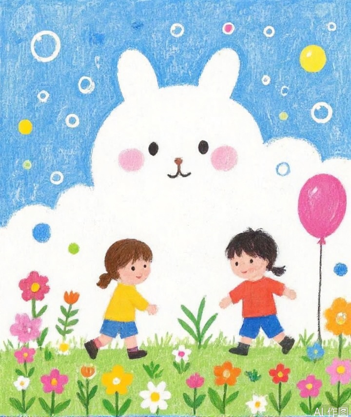 labihua
The image is an illustration of three children playing in a field of flowers
The background is a light blue sky with white clouds and colorful bubbles scattered around
In the center of the image, there is a large white bunny with a big smile on its face
The bunny is standing on its hind legs and is holding a pink balloon
On the left side of the bunny, there are two young girls, one wearing a yellow dress and the other wearing a pink dress
The girl in the yellow dress is running towards the bunny with her arms outstretched, while the boy in the red dress is holding the balloon
All three children are smiling and appear to be having fun
The field is filled with colorful flowers and plants.