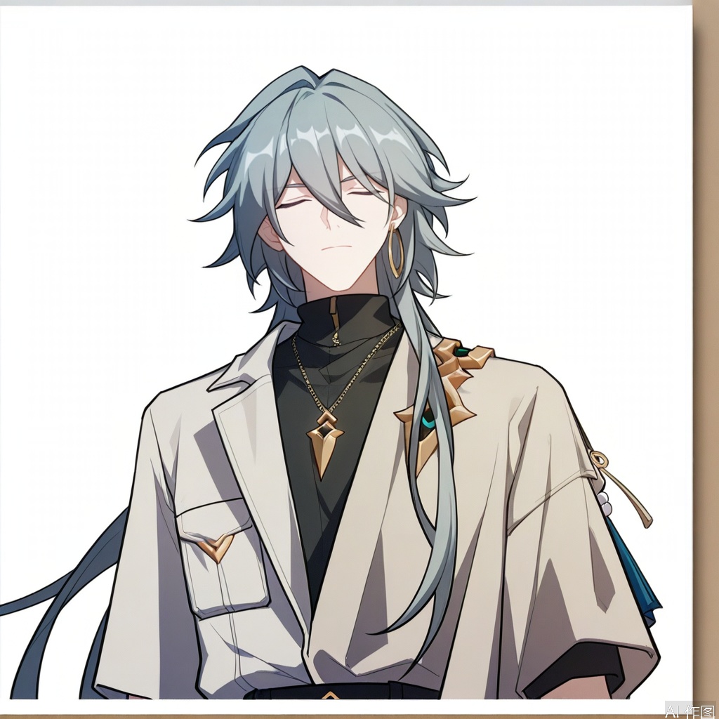 solo,(white background:1.2),simple background,su_honkai_3rd,long hair,1boy,male focus,jewelry,closed mouth,closed eyes,grey hair,necklace,bracelet,sweater,turtleneck,multicolored hair,hair between eyes,coat,jacket,earrings,streaked hair,belt,hair stick,hair ornament,pants,black shirt,manga_style