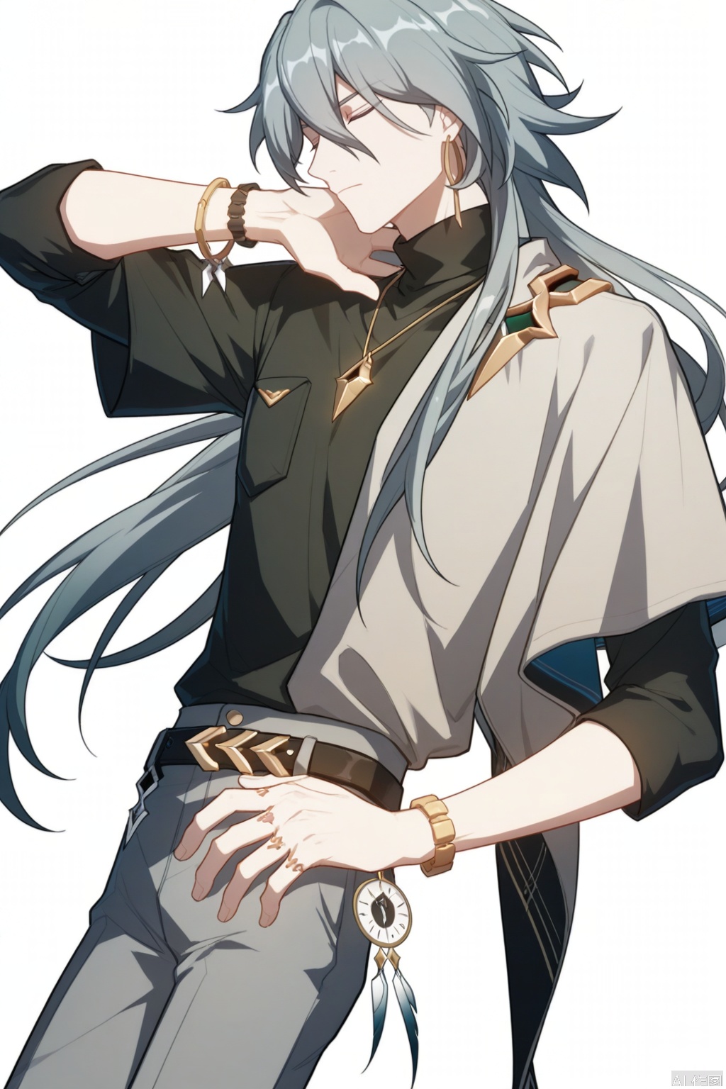 solo,(white background:1.2),simple background,su_honkai_3rd,long hair,1boy,male focus,jewelry,closed mouth,closed eyes,grey hair,necklace,bracelet,sweater,turtleneck,multicolored hair,hair between eyes,coat,jacket,earrings,streaked hair,belt,hair stick,hair ornament,pants,black shirt,manga_style
