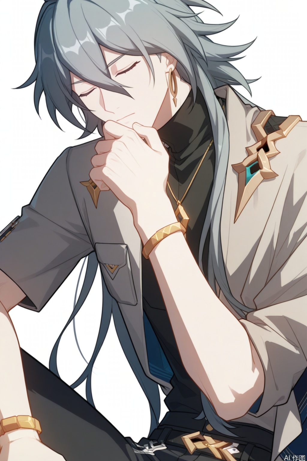 solo,(white background:1.2),simple background,su_honkai_3rd,long hair,1boy,male focus,jewelry,closed mouth,closed eyes,grey hair,necklace,bracelet,sweater,turtleneck,multicolored hair,hair between eyes,coat,jacket,earrings,streaked hair,belt,hair stick,hair ornament,pants,black shirt,manga_style
