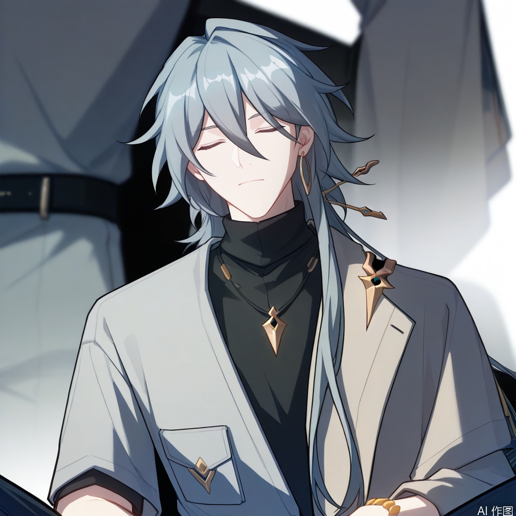 solo,(white background:1.2),simple background,su_honkai_3rd,long hair,1boy,male focus,jewelry,closed mouth,closed eyes,grey hair,necklace,bracelet,sweater,turtleneck,multicolored hair,hair between eyes,coat,jacket,earrings,streaked hair,belt,hair stick,hair ornament,pants,black shirt,manga_style