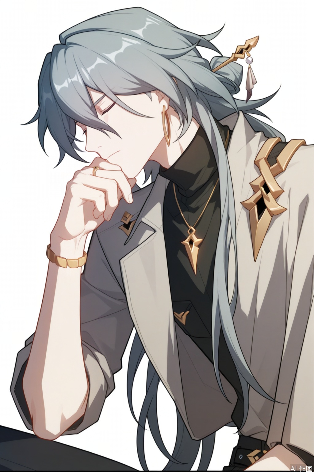 solo,(white background:1.2),simple background,su_honkai_3rd,long hair,1boy,male focus,jewelry,closed mouth,closed eyes,grey hair,necklace,bracelet,sweater,turtleneck,multicolored hair,hair between eyes,coat,jacket,earrings,streaked hair,belt,hair stick,hair ornament,pants,black shirt,manga_style