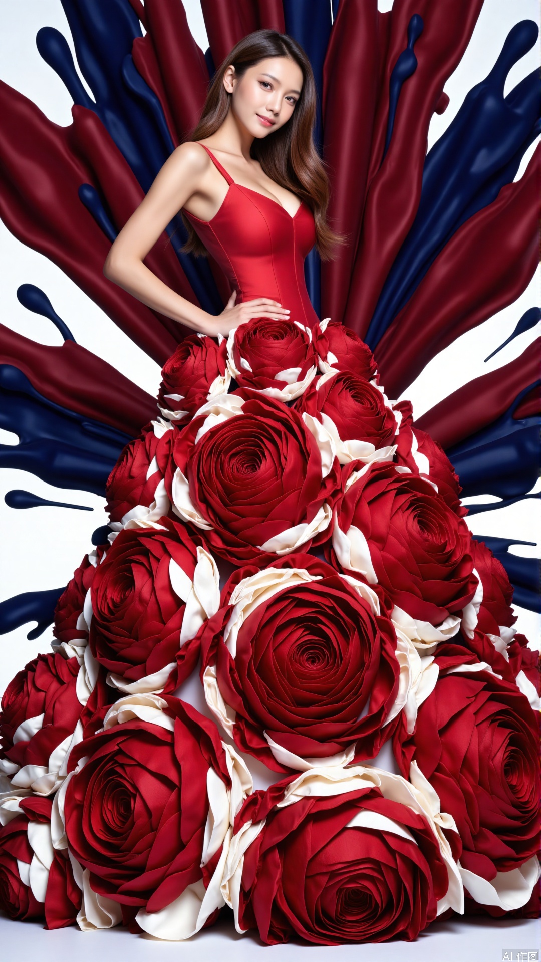 The woman is wearing a red dress with a skirt made of layered red and cream flowers, creating a rich sense of depth. She stands sideways with one hand lightly on her waist, showing an elegant posture. Behind her is a striking, high-contrast background featuring bold splashes of deep crimson and midnight blue, intertwined with sharp, angular lines that create a sense of movement and energy. This dynamic backdrop intensifies the visual impact of the dress, transforming the stylish and modern atmosphere into one that is both dramatic and visually captivating.