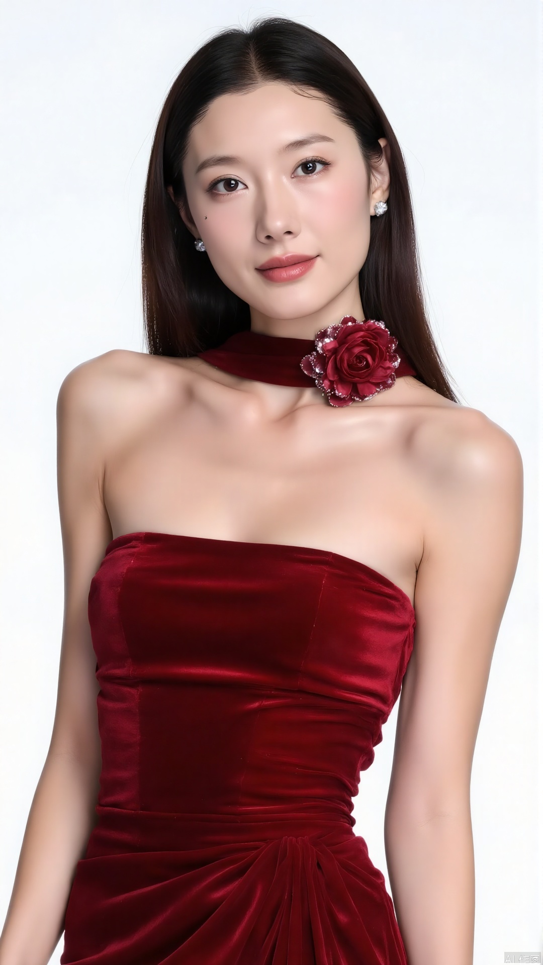  The woman is wearing a deep red one-shoulder gown adorned with a large red flower at the neckline, adding a touch of nobility and elegance. She places one hand lightly on her waist while the other hangs naturally, showing a confident and graceful posture. The pure white background makes the color of the dress more prominent, creating a simple yet noble atmosphere.