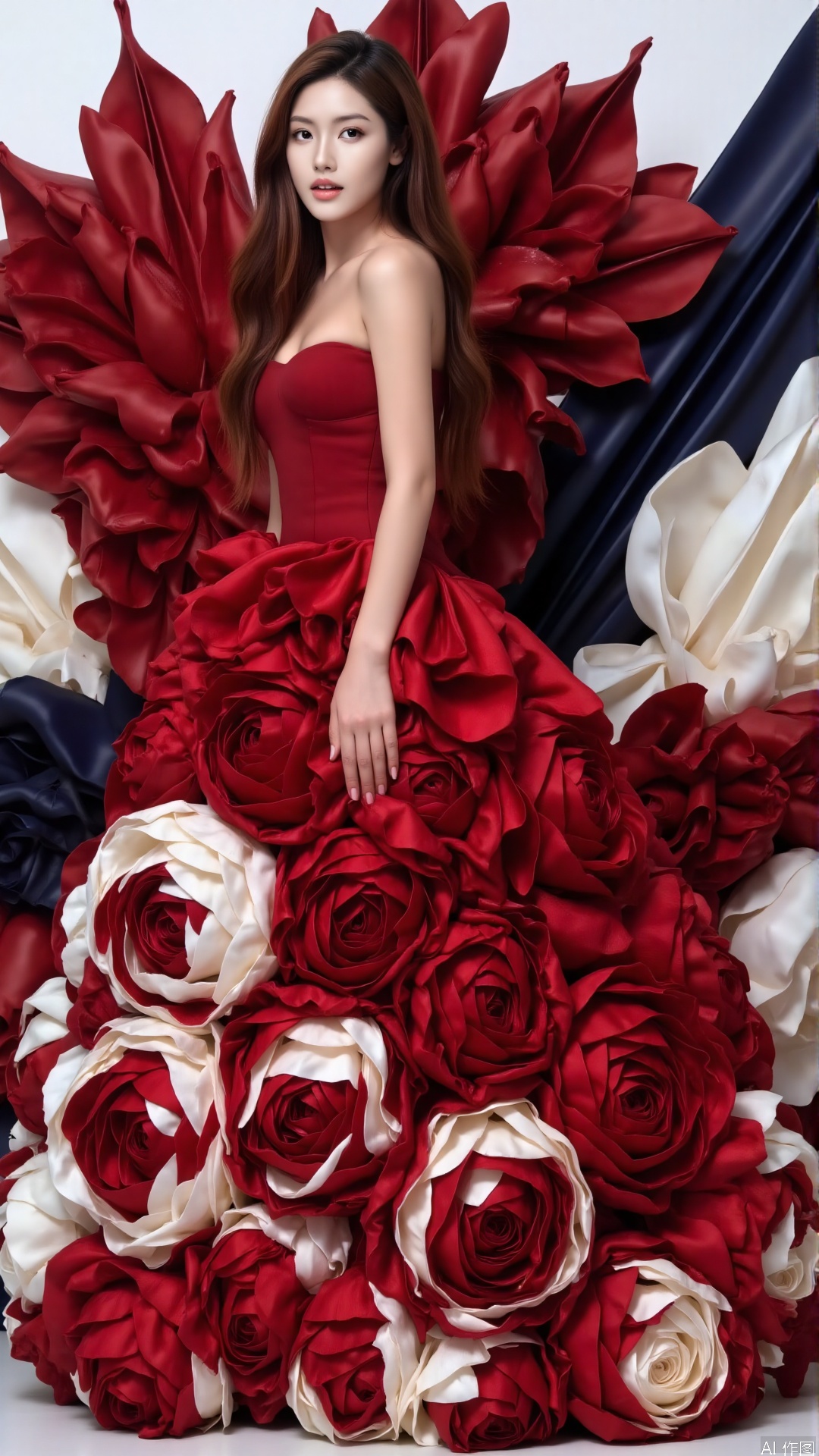 The woman is wearing a red dress with a skirt made of layered red and cream flowers, creating a rich sense of depth. She stands sideways with one hand lightly on her waist, showing an elegant posture. Behind her is a striking, high-contrast background featuring bold splashes of deep crimson and midnight blue, intertwined with sharp, angular lines that create a sense of movement and energy. This dynamic backdrop intensifies the visual impact of the dress, transforming the stylish and modern atmosphere into one that is both dramatic and visually captivating.