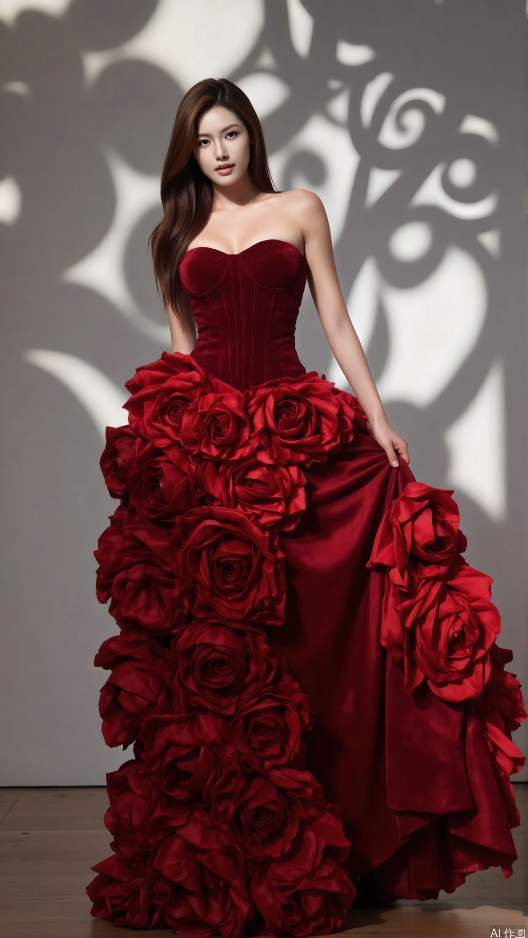 A woman is wearing a strapless deep red gown adorned with layers of red floral decorations, creating a romantic and luxurious atmosphere. She gently lifts her skirt, displaying an elegant posture. Behind her is a dramatic, high-contrast background featuring a stark white wall juxtaposed with bold, dark shadows and intricate, swirling patterns that evoke a sense of mystery and depth. This striking contrast not only makes the color of the dress more prominent but also adds a sense of visual tension and excitement, transforming the pure and noble atmosphere into one that is both captivating and visually arresting.