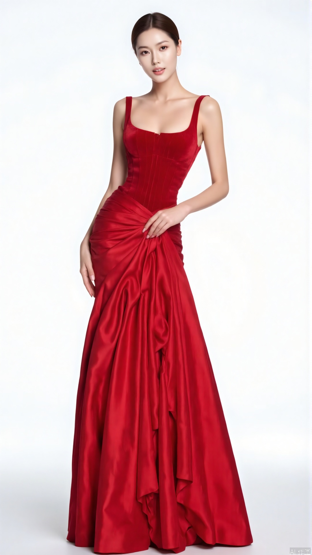 woman is wearing a red gown,. She stands sideways with one hand lightly on her waist, showing an elegant posture. The pure white background makes the design of the dress more eye-catching, creating a stylish and modern atmosphere.,Oriental Aesthetics