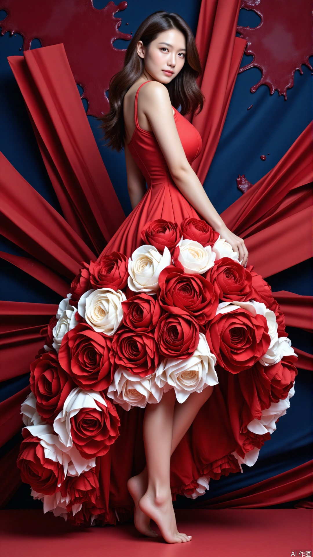 The woman is wearing a red dress with a skirt made of layered red and cream flowers, creating a rich sense of depth. She stands sideways with one hand lightly on her waist, showing an elegant posture. Behind her is a striking, high-contrast background featuring bold splashes of deep crimson and midnight blue, intertwined with sharp, angular lines that create a sense of movement and energy. This dynamic backdrop intensifies the visual impact of the dress, transforming the stylish and modern atmosphere into one that is both dramatic and visually captivating.