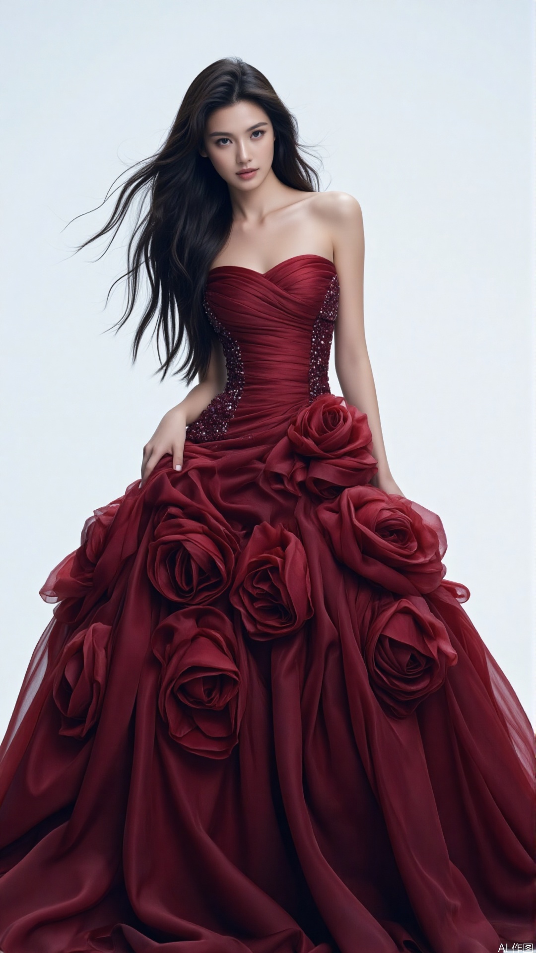 woman is wearing a strapless deep red gown adorned with layers of red floral decorations, creating a romantic and luxurious atmosphere. She gently lifts her skirt, displaying an elegant posture. The simple white wall in the background makes the color of the dress more prominent, adding a sense of purity and nobility.