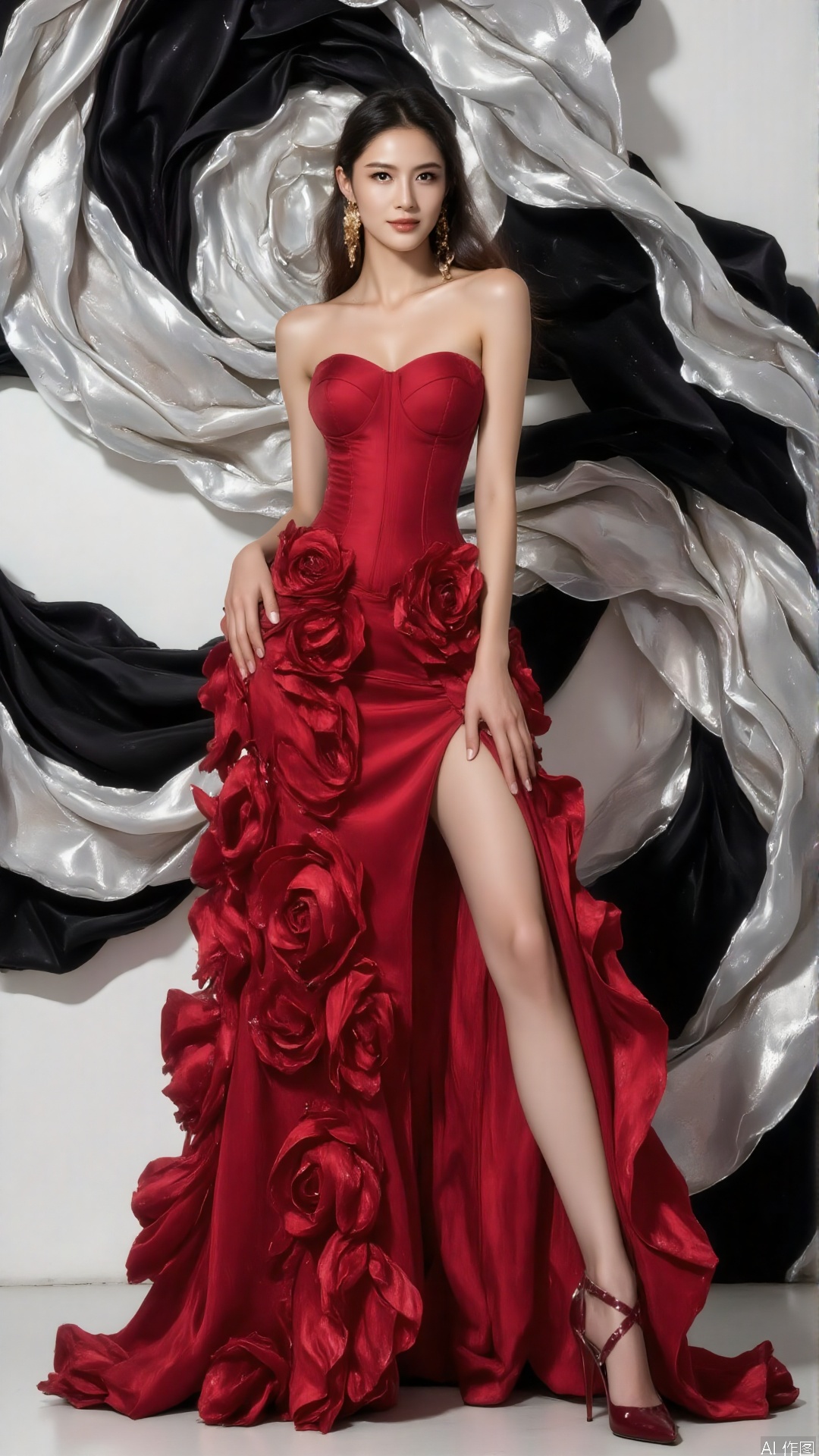 The woman is wearing a red strapless gown adorned with layers of red floral decorations, creating a romantic and luxurious atmosphere. She places one hand lightly on her waist while the other rests naturally by her side, showing a confident and elegant posture. The high slit of the dress reveals her sexy legs, adding a captivating charm. Behind her is a bold, abstract background with dynamic swirls of deep black and metallic silver, creating a striking contrast against the pure white sections. This visually arresting backdrop intensifies the prominence of the dress’s color, transforming the classic and noble atmosphere into one that is both sophisticated and dramatically impactful.,embossed high heels