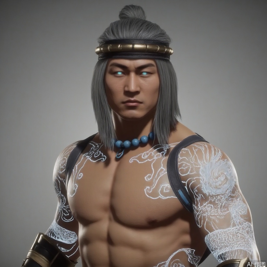,solo,(grey background:1.2),simple background,liu_kang,Mortal_Kombat_11,bead necklace,pearl necklace,back tattoo,white hair,topless male,pectorals,stomach tattoo,shoulder tattoo,full-body tattoo,bare pectorals,arm tattoo,glowing,beads,jewelry,blue eyes,muscular,ankle wrap,bandaged leg,tattoo,armor,choker,logo,earrings,manly,pants,necklace,belt,jewelry,wrist wrap,fire,flame,arm wrap,long hair,headband,1boy