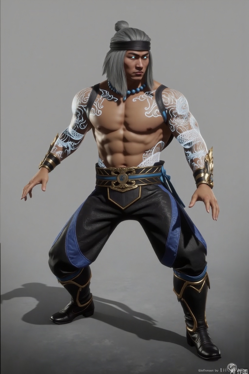 ,solo,(grey background:1.2),simple background,liu_kang,Mortal_Kombat_11,bead necklace,pearl necklace,back tattoo,white hair,topless male,pectorals,stomach tattoo,shoulder tattoo,full-body tattoo,bare pectorals,arm tattoo,glowing,beads,jewelry,blue eyes,muscular,ankle wrap,bandaged leg,tattoo,armor,choker,logo,earrings,manly,pants,necklace,belt,jewelry,wrist wrap,fire,flame,arm wrap,long hair,headband,1boy