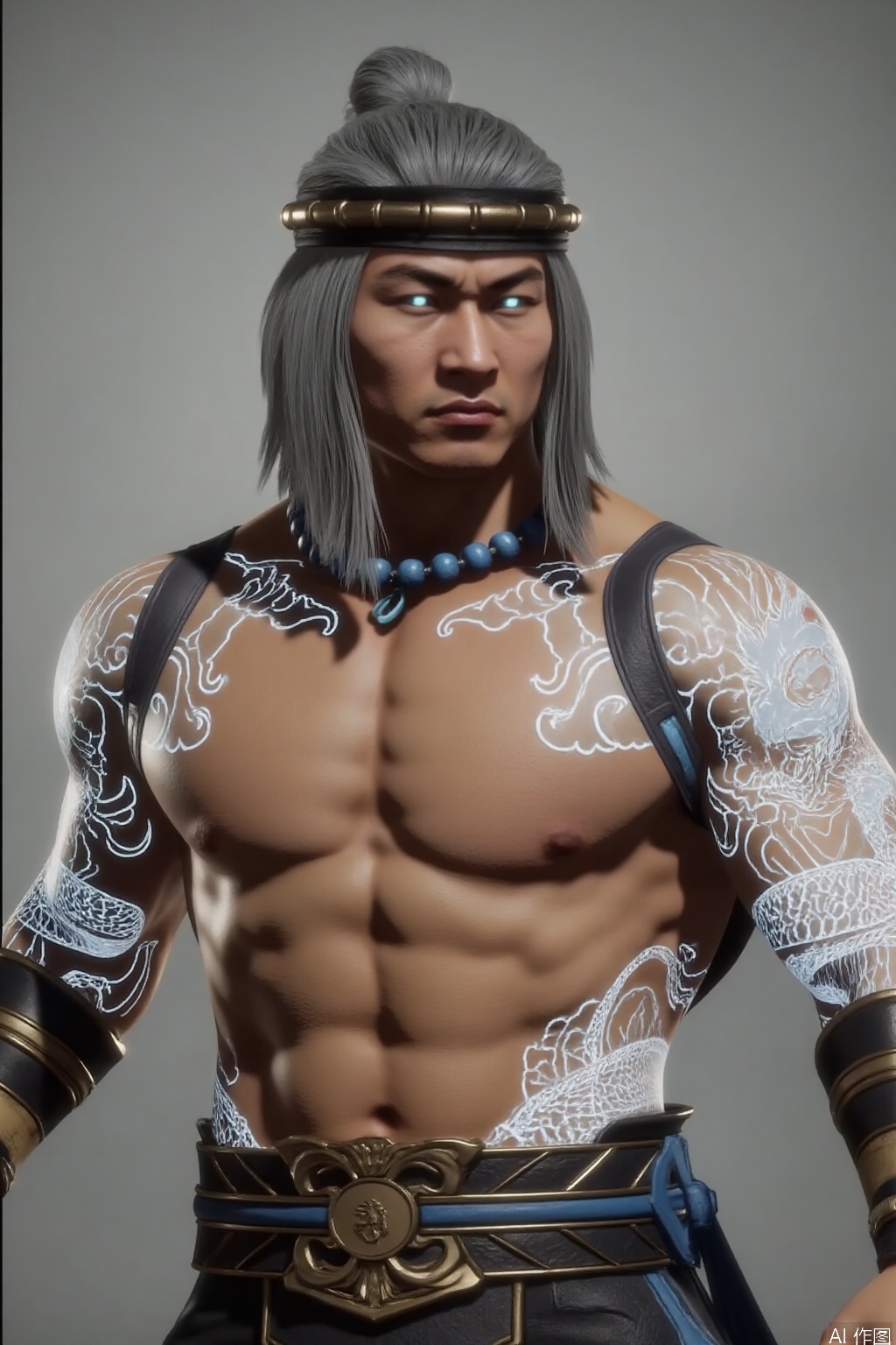 ,solo,(grey background:1.2),simple background,liu_kang,Mortal_Kombat_11,bead necklace,pearl necklace,back tattoo,white hair,topless male,pectorals,stomach tattoo,shoulder tattoo,full-body tattoo,bare pectorals,arm tattoo,glowing,beads,jewelry,blue eyes,muscular,ankle wrap,bandaged leg,tattoo,armor,choker,logo,earrings,manly,pants,necklace,belt,jewelry,wrist wrap,fire,flame,arm wrap,long hair,headband,1boy